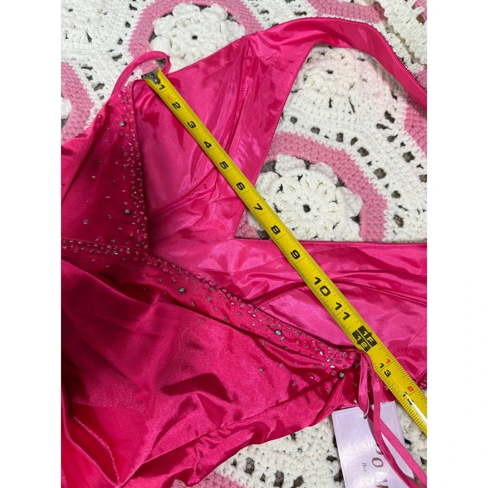 Poly USA Y2K Satin Gown | Hot Pink Beaded Halter | Prom Pageant Formal XS NWT